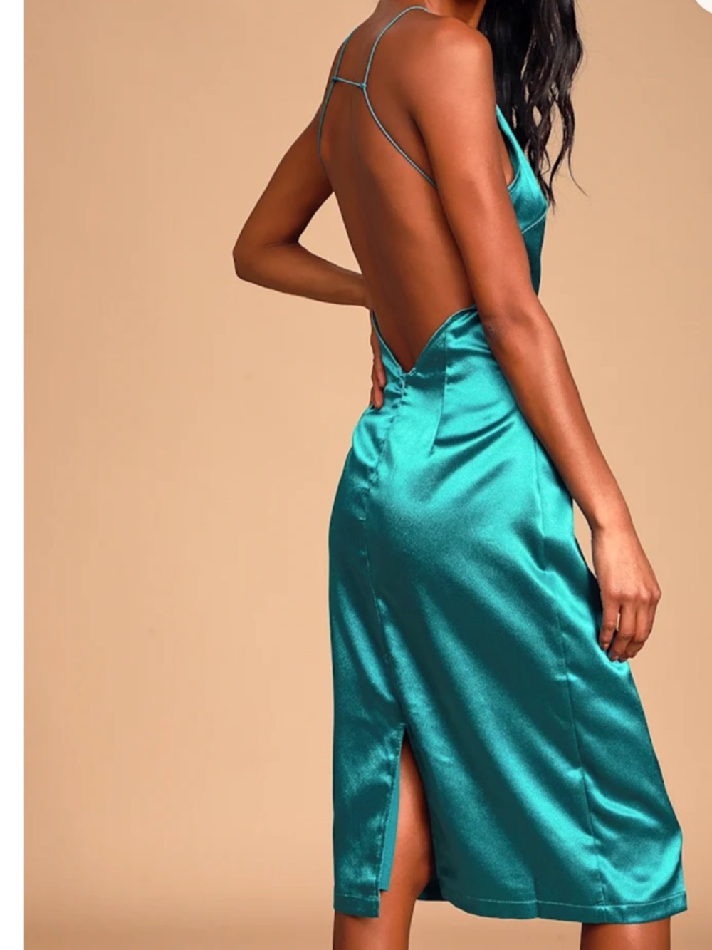 Lulu's Zoyah Teal Green Satin Backless Midi Dress m
